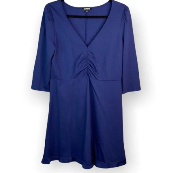 EXPRESS Ruched Ruffled Dress Navy V-Neck Puffed 3/4 Sleeve Knee Length Size L - Picture 2 of 9